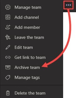 Team ellipsis menu with Archive team selected